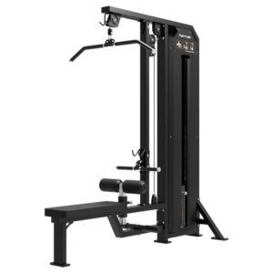 Sprava za vježbanje Tunturi Platinum Dual Lat Pulldown/Low Row (V-serija), profesionalna teretanska sprava crne boje s težinskim blokom, podesivim valjkom za noge i ravnom klupom; primjena za vježbe povlačenja, snagu leđa i ruku.